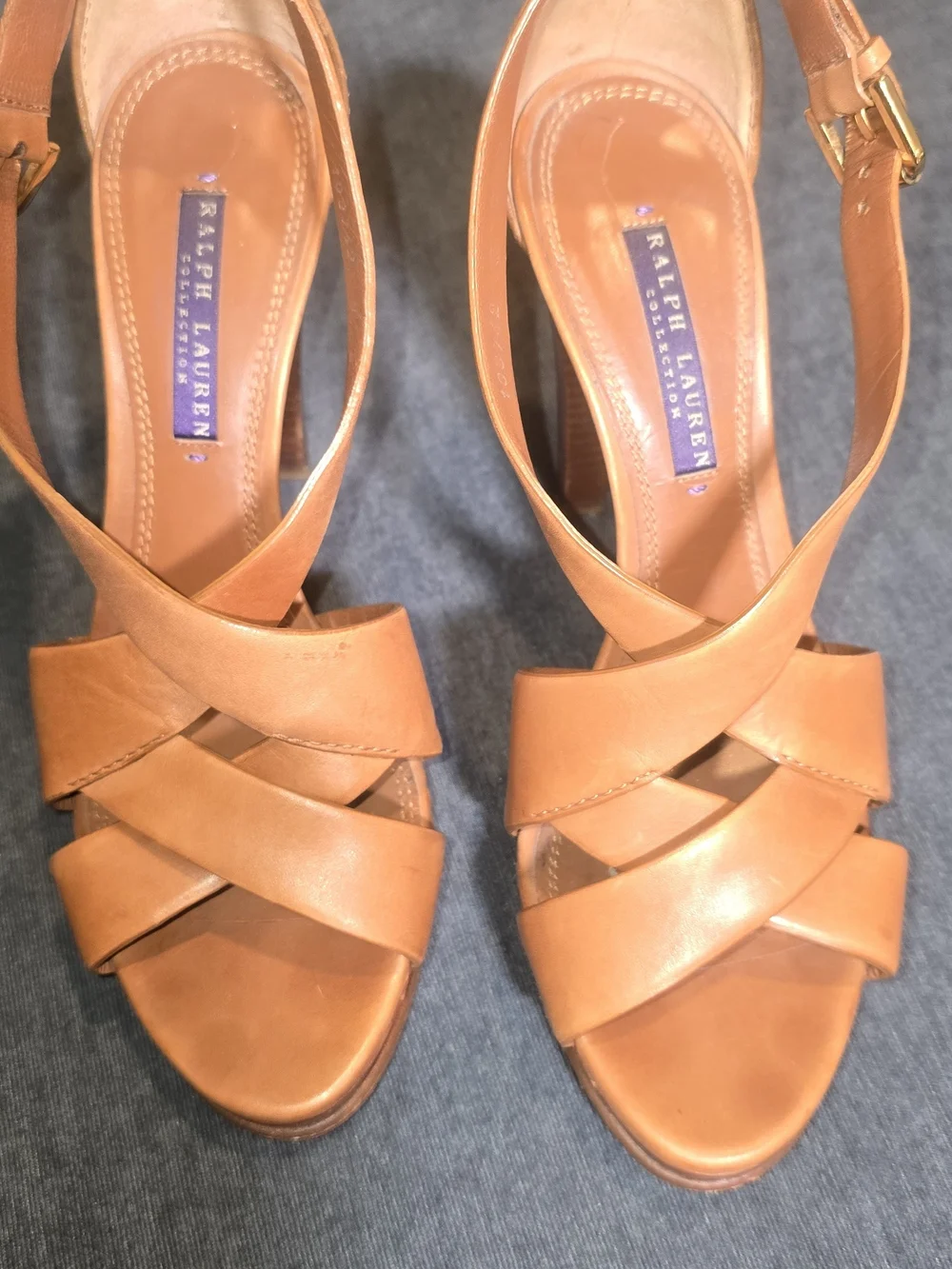 Ralph Lauren Collection Tan Leather Strappy Platform High Heels Sandals Size 8B